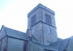 The exterior of the church tower was repointed